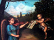 la magnifica, angel tocando el violin y un angel volando sosteniendo la partitura, pintura original en oleo
