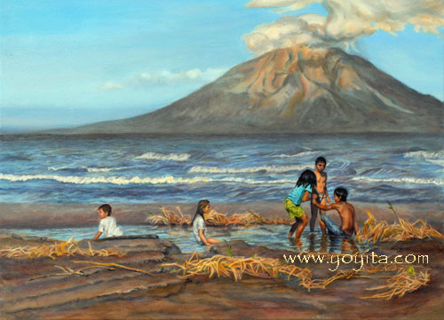 children playing in the sand with volcano