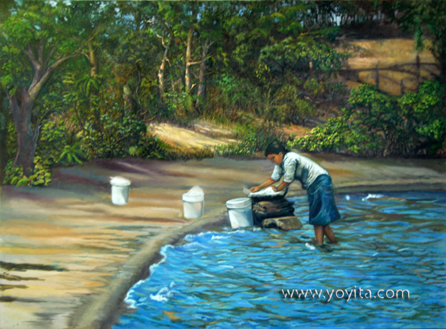Lavando ropa en la laguna, oleo sobre tela, copyright yoyita