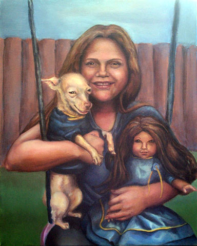 ritratto della ragazza, cane da chihuahua e bambola