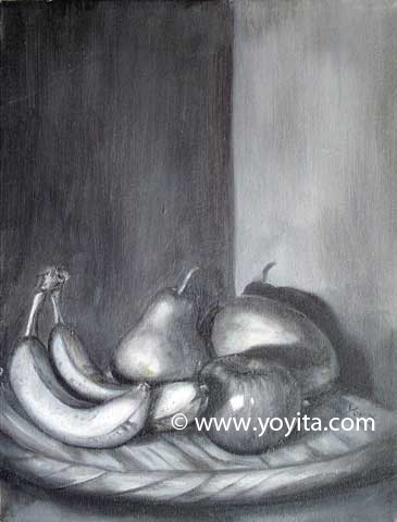 naturaleza muerta frutas en blanco y negro pintura al oleo por Yoyita