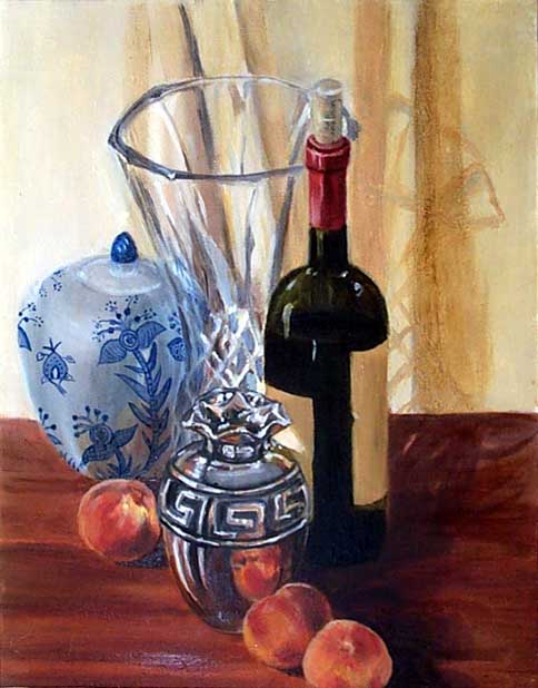 Still life and peaches, oil painting © Yoyita