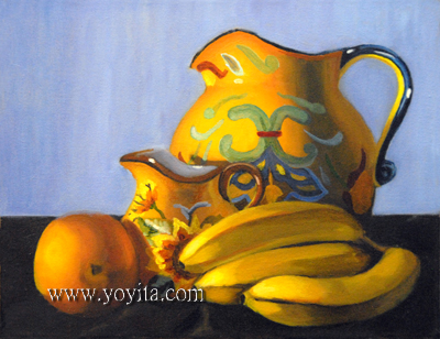 Naturaleza muerta sinfonia en amarillo dos jarras de diferentes tamaños tres bananas y una naranja sobre un fondo azul frio pintura al oleo por Yoyita