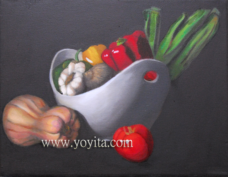 still life with bowl and vegetable by Yoyita