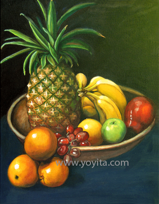 nature morte, les fruits dans un bol dargile banane pomme poire orange, ananas raisins peinture a lhuile par Yoyita