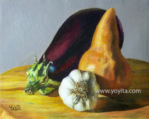 still life egg plant yellow pear garlic on wood oil painting by Yoyita