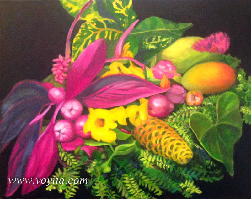 still life with ferns mango and maracas