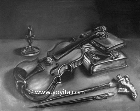 allegory the violin represents the person and his love for music, his three daughters are symbolized by the three brushes, two tubes of paint are his two marriages, the books symbolize his careers, medicine, psychiatry and hislove for languages, the candle symbolizes the light of knowledge and his life © Yoyita