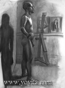 male model and easel, figurative charcoal drawing by Yoyita