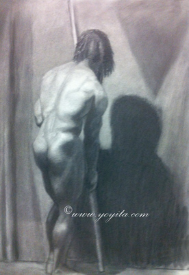nude male with pole atelier Yoyita charcoal