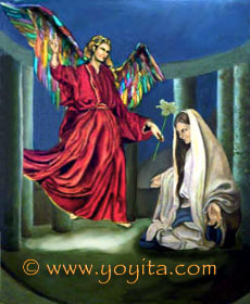 Annunciation Luke 1:27 To a virgin espoused to a man whose name was Joseph, of the house of David; and the virgin's name was Mary. 
Luke 1:28 And the angel came in unto her, and said, Hail, thou that art highly favoured, the Lord is with thee: blessed art thou among women.
Luke 1:38 And Mary said, Behold the handmaid of the Lord; be it unto me according to thy word. And the angel departed from her Sacred art, religious art, Catholic Art Oil painting © Dr. Gloria  M. Norris Yoyita Atelier Yoyita Art Gallery