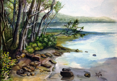 by the lake watercolor landscape by Yoyita