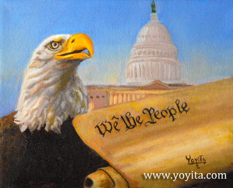 Law Freedom Rights, The bald eagle represent freedom,
The capitol represent law, where the legislator write the law
The constitution represent the rights for we the people,