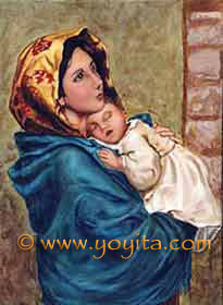 Madonna and child Matthew 2: 11 And when they were come into the house, they saw the young child with Mary his mother, and fell down, and worshipped him: and when they had opened their treasures, they presented unto him gifts; gold, and frankincense and myrrh Sacred art, religious art, Catholic Art Oil on canvas Atelier Yoyita Art Gallery