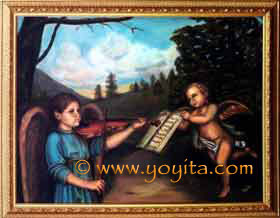 Renaissance style oil painting Violin, angels playing music