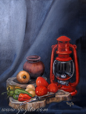 Breakfast still life, on two wooden cutting boards there is a clay jar for the coffee, onion peppers three eggs tomatoes an old knife and an old kerosene lamp, oil painting by Yoyita