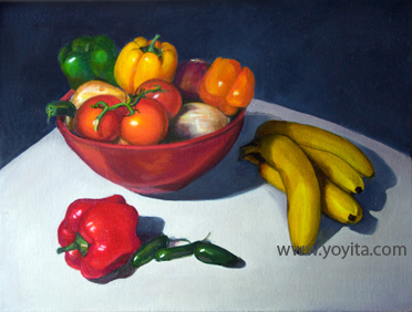 Glass red bowl with legumes bananas peppers and hot peppers still life oil painting by Yoyita