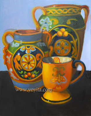 still life with two decorated Italian Earthenware Jars and a yellow cup oil painting by Yoyita