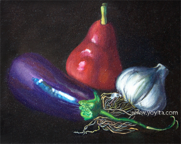 Nature morte aubergine ail et poire rouge peinture a lhuile par Yoyita