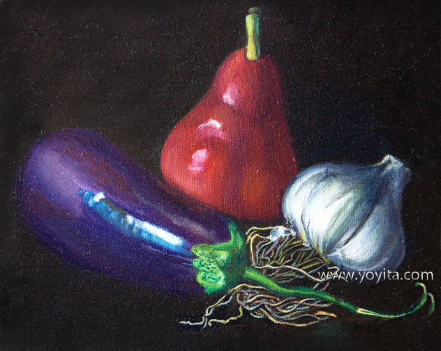 Still life with red pear, oil painting © Yoyita