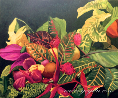naturaleza muerta, hojas de colores y flores tropicales pintura al oleo de la galería de arte Yoyita