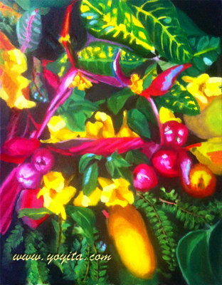 Still life bouquet of yellow flowers Small leaves fern and pink colors leaves oil painting by Yoyita Art Gallery