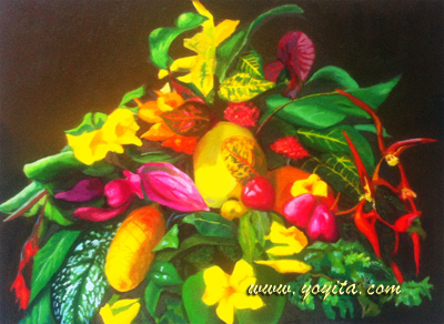 still life papaya ferns maraca ginger heliconia mango colored pink and green leaves yellow and red tropical flowers, oil painting by atelier yoyita, art gallery