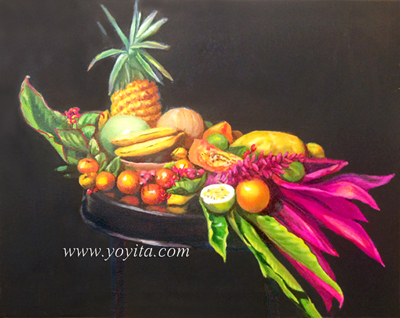 tropical fruits and pineapple papaya, melon, oranges, granadilla, calala, bananos, still life, over a round wooden table, oil painting by Yoyita Art gallery