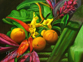 Naranjas y flores con hojas verdes Flores amarillas exóticas flores tropicales pintura al óleo Naturaleza muerta por la galería de arte Yoyita