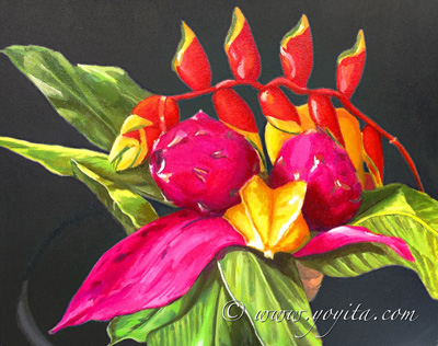 pitahaya dragon fruit tropical fruit, still life, exotic tropical fruit and flowers oil painting by Yoyita, Art gallery