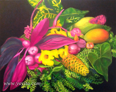 la naturaleza muerta, helechos granadilla maraca jengibre heliconia mango Perote pintura al oleo de Atelier yoyita galería de arte