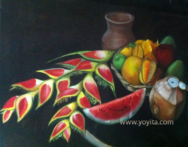 Still life with tropical flowers and fruits watermelon cocconut star fruit mango orange heliconia oil painting by Yoyita