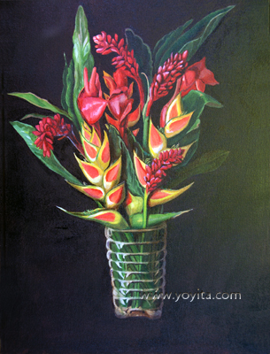 Tropical flowers still life atelier Yoyita Art Gallery Alpinia purpurata, red ginger; Etlingera elatior Torch Ginger, Torch-ginger, Philippine Waxflower; Etlingera elatior, Hanging Lobster Claw, False Bird of Paradise, Lobster-claw, Crab Claw, Hanging Heliconia