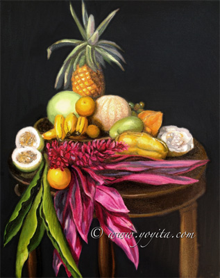 still life pianneaple banana oranges papaya calala ginger granadilla melon jocote oil painting by Atelier Yoyita art gallery