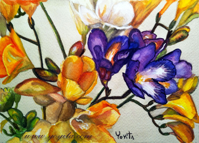 Fleurs flowers yellow white violet blue watercolor painting by Yoyita