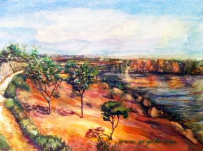 red ochre landscape water watercolor