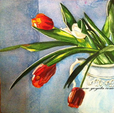 red and white Tulips on a white decorated vase watercolor painting by Yoyita
