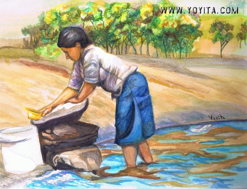 country woman washing clothes in the lagoon watercolor