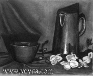 http://www.yoyita.com/still life pitcher pot flowers by Yoyita charcoal