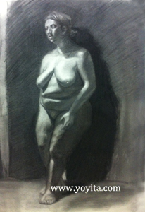 female leaning, charcoal drawing