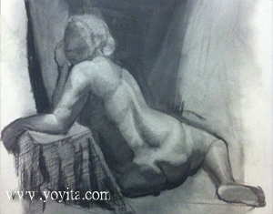 nude female seated charcoal drawing by Yoyita