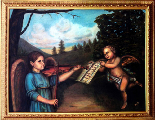 la magnifica angel tocando el violin y un angel volando sosteniendo la partitura, pintura original en oleo por Yoyita